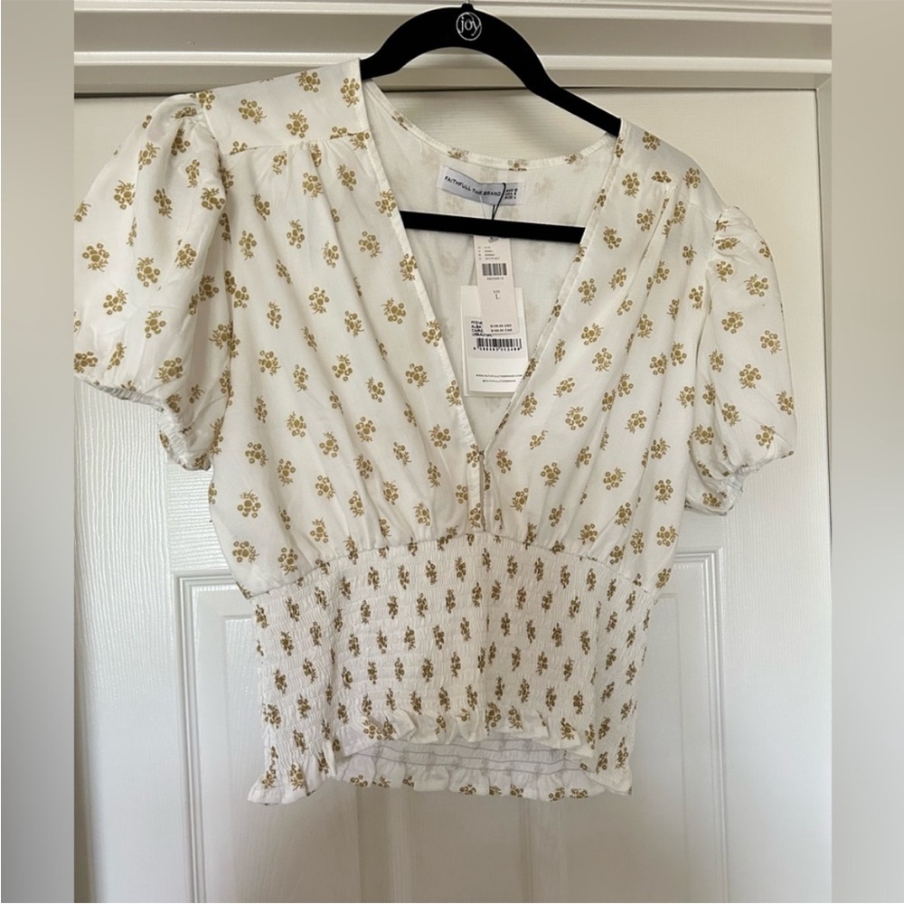 Anthropologie Cream Floral Puff Sleeve Top, NWT, Size Large, Boho